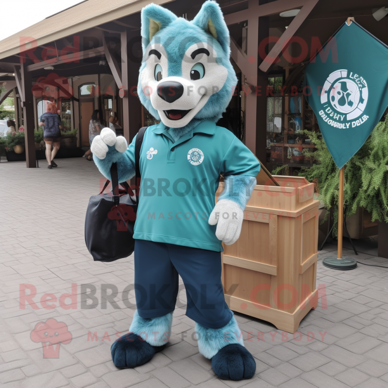 Teal Wolf mascot costume character dressed with a Polo Tee and Tote bags