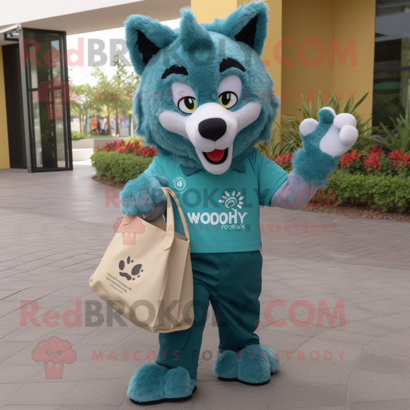 Teal Wolf mascot costume character dressed with a Polo Tee and Tote bags