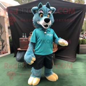 Teal Wolf mascot costume character dressed with a Polo Tee and Tote bags