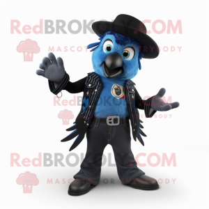 Black Blue Jay mascot costume character dressed with a Flare Jeans and Brooches