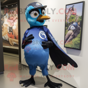 Black Blue Jay mascot costume character dressed with a Flare Jeans and Brooches