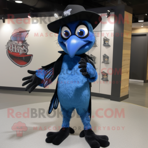 Black Blue Jay mascot costume character dressed with a Flare Jeans and Brooches