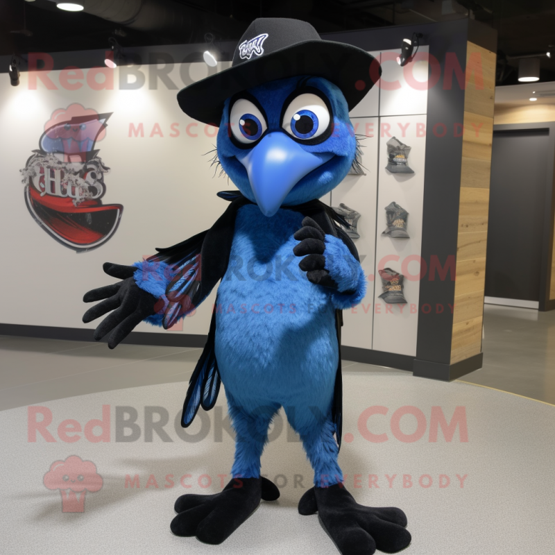 Black Blue Jay mascot costume character dressed with a Flare Jeans and Brooches Black Blue Jay mascot costume character dressed with a Flare Jeans and Brooches