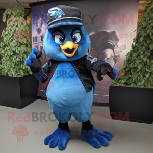 Black Blue Jay mascot costume character dressed with a Flare Jeans and Brooches