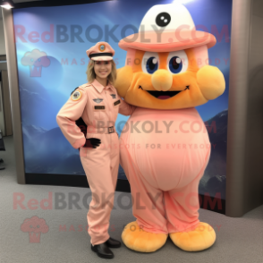 Peach Air Force Soldier mascot costume character dressed with a Empire Waist Dress and Cummerbunds