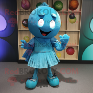 Cyan Juggle mascot costume character dressed with a Mini Skirt and Shawl pins