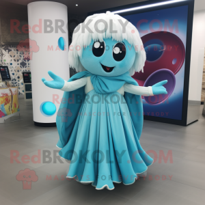 Cyan Juggle mascot costume character dressed with a Mini Skirt and Shawl pins