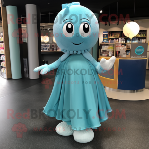 Cyan Juggle mascot costume character dressed with a Mini Skirt and Shawl pins