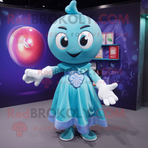 Cyan Juggle mascot costume character dressed with a Mini Skirt and Shawl pins
