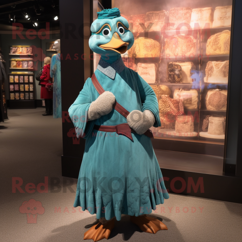 Teal Quail mascot costume character dressed with a Empire Waist Dress and Belts