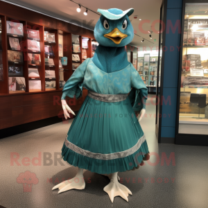 Teal Quail mascot costume character dressed with a Empire Waist Dress and Belts
