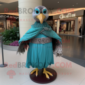 Teal Quail mascot costume character dressed with a Empire Waist Dress and Belts