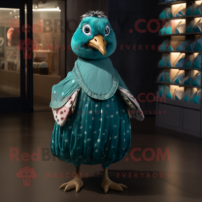 Teal Quail mascot costume character dressed with a Empire Waist Dress and Belts