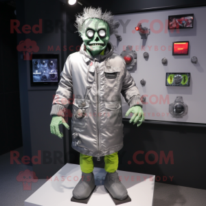 Silver Frankenstein mascot costume character dressed with a Parka and Lapel pins