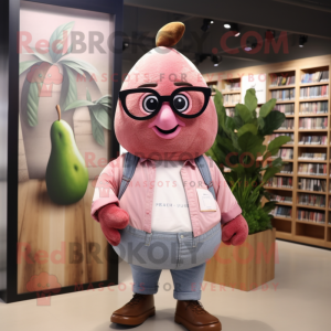 Pink Pear mascot costume character dressed with a Chambray Shirt and Reading glasses