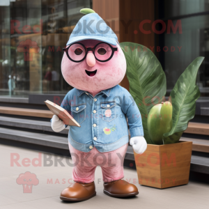 Pink Pear mascot costume character dressed with a Chambray Shirt and Reading glasses