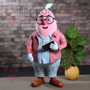 Pink Pear mascot costume character dressed with a Chambray Shirt and Reading glasses