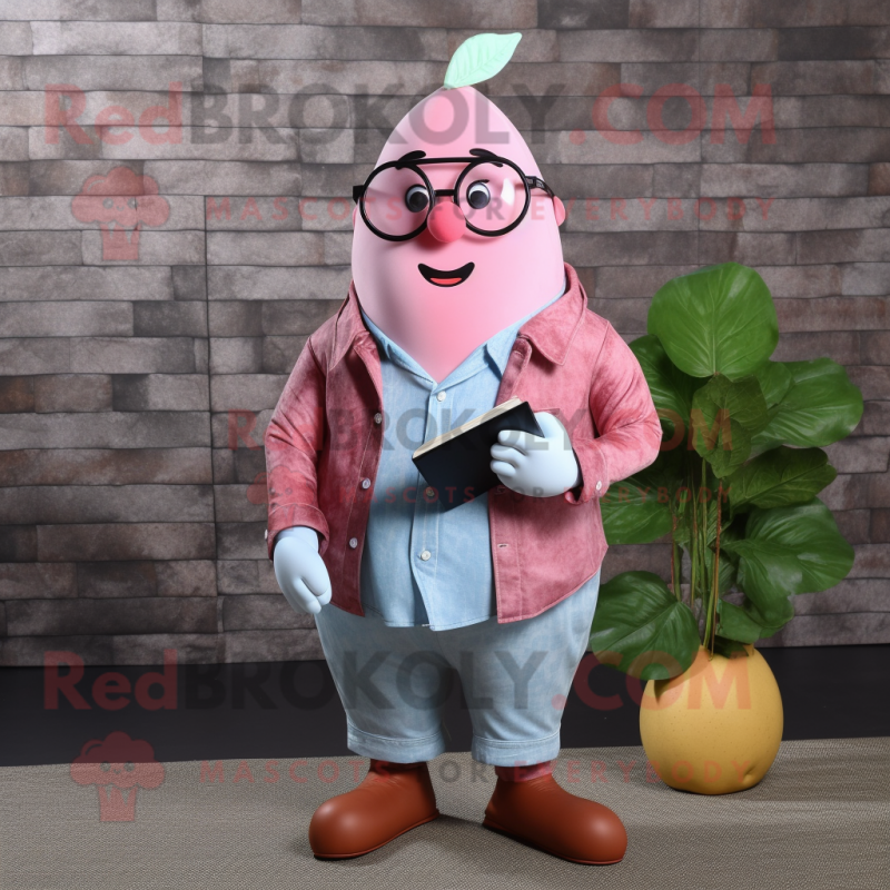 Pink Pear mascot costume character dressed with a Chambray Shirt and Reading glasses