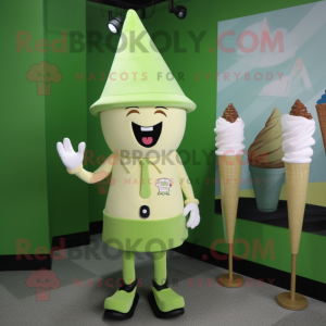 Olive Ice Cream Cone mascot costume character dressed with a Pencil Skirt and Hat pins