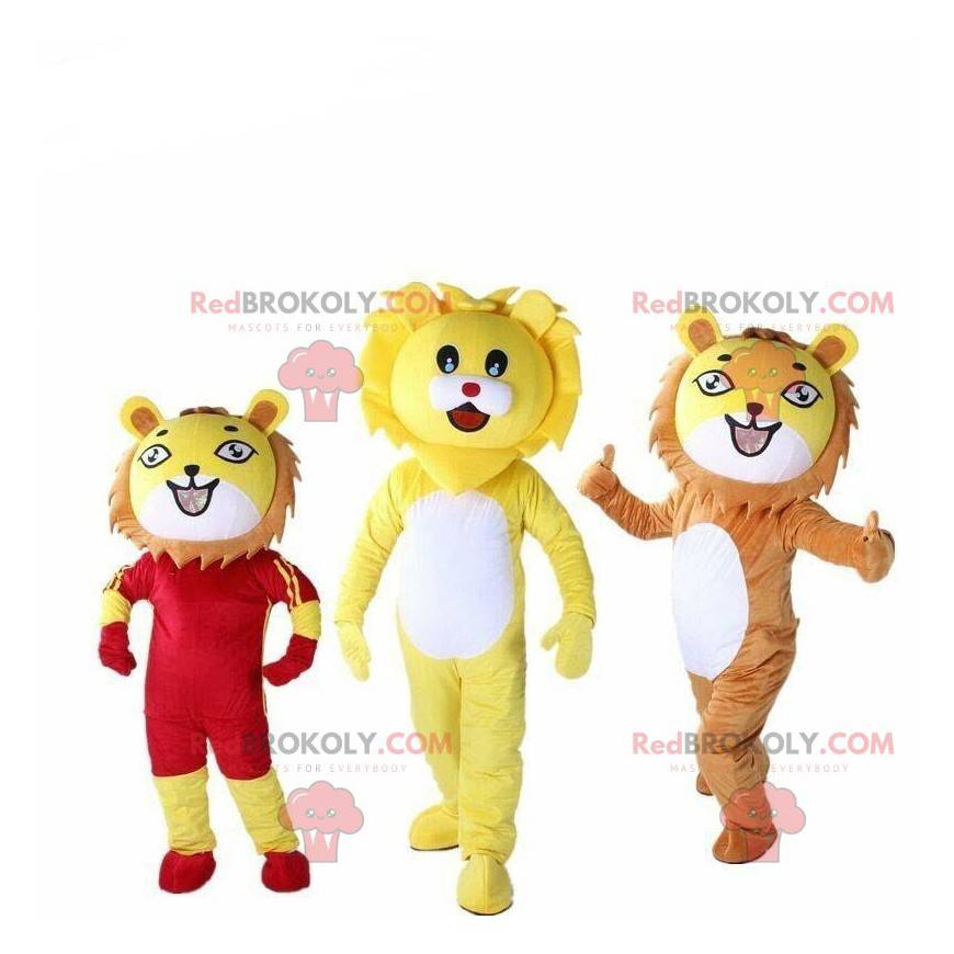3 leeuw mascottes, katachtig kostuum, jungle kostuum -