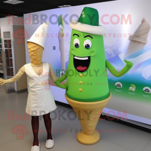 Olive Ice Cream Cone mascot costume character dressed with a Pencil Skirt and Hat pins