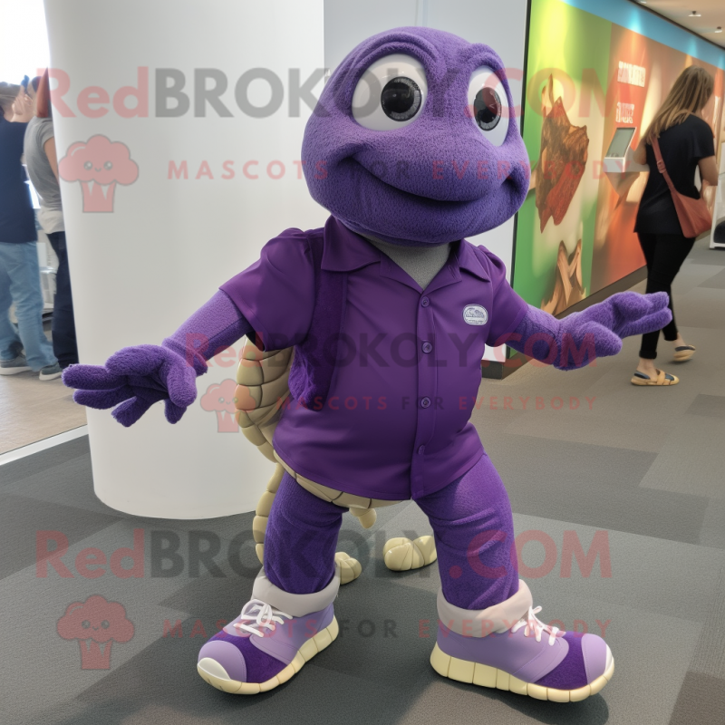 Purple Sea Turtle mascot costume character dressed with a Chinos and Shoe laces