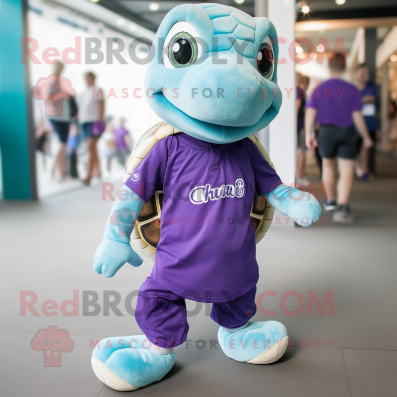 Purple Sea Turtle mascot costume character dressed with a Chinos and Shoe laces