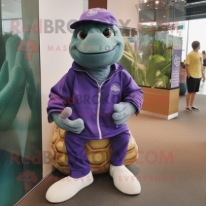 Purple Sea Turtle mascot costume character dressed with a Chinos and Shoe laces