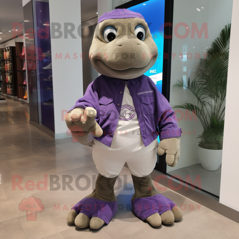 Purple Sea Turtle mascot costume character dressed with a Chinos and Shoe laces