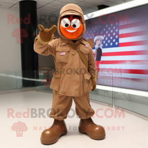 Rust American Soldier mascot costume character dressed with a Coat and Tie pins