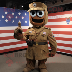Rust American Soldier mascot costume character dressed with a Coat and Tie pins