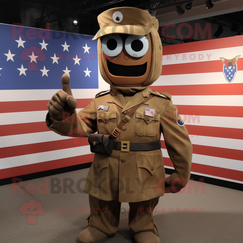 Rust American Soldier mascot costume character dressed with a Coat and Tie pins Rust American Soldier mascot costume character dressed with a Coat and Tie pins