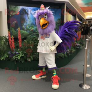 Lavender Rooster mascot costume character dressed with a Bermuda Shorts and Shoe clips