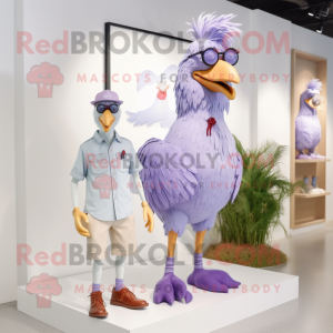 Lavender Rooster mascot costume character dressed with a Bermuda Shorts and Shoe clips