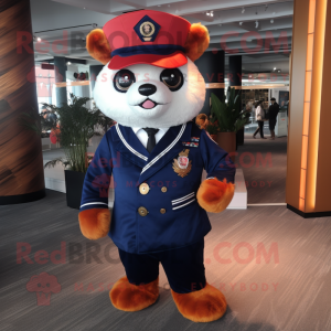 Navy Red Panda mascot costume character dressed with a Suit Pants and Berets