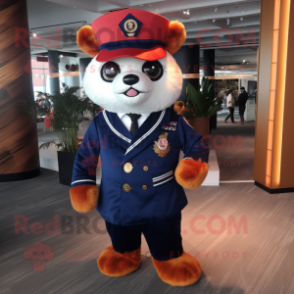 Navy Red Panda mascot costume character dressed with a Suit Pants and Berets