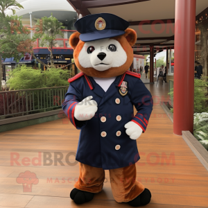 Navy Red Panda mascot costume character dressed with a Suit Pants and Berets