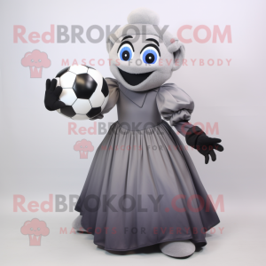 Gray Soccer Ball mascot costume character dressed with a Evening Gown and Gloves