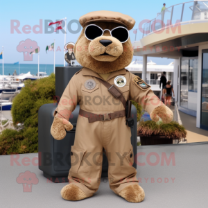 Brown Navy Seal mascot costume character dressed with a Romper and Handbags
