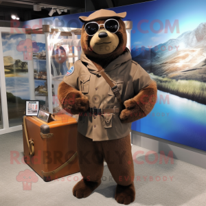 Brown Navy Seal mascot costume character dressed with a Romper and Handbags