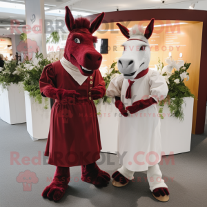 Maroon Donkey mascot costume character dressed with a Wedding Dress and Cufflinks
