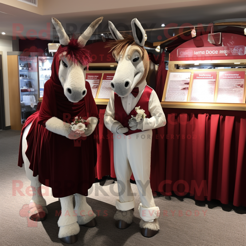 Maroon Donkey mascot costume character dressed with a Wedding Dress and Cufflinks Maroon Donkey mascot costume character dressed with a Wedding Dress and Cufflinks