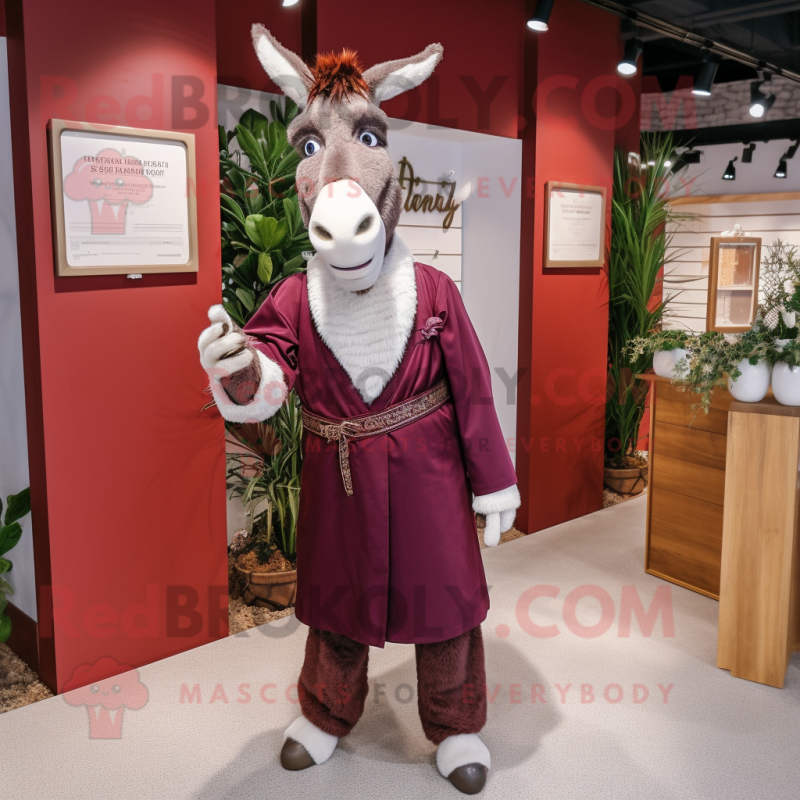 Maroon Donkey mascot costume character dressed with a Wedding Dress and Cufflinks Maroon Donkey mascot costume character dressed with a Wedding Dress and Cufflinks