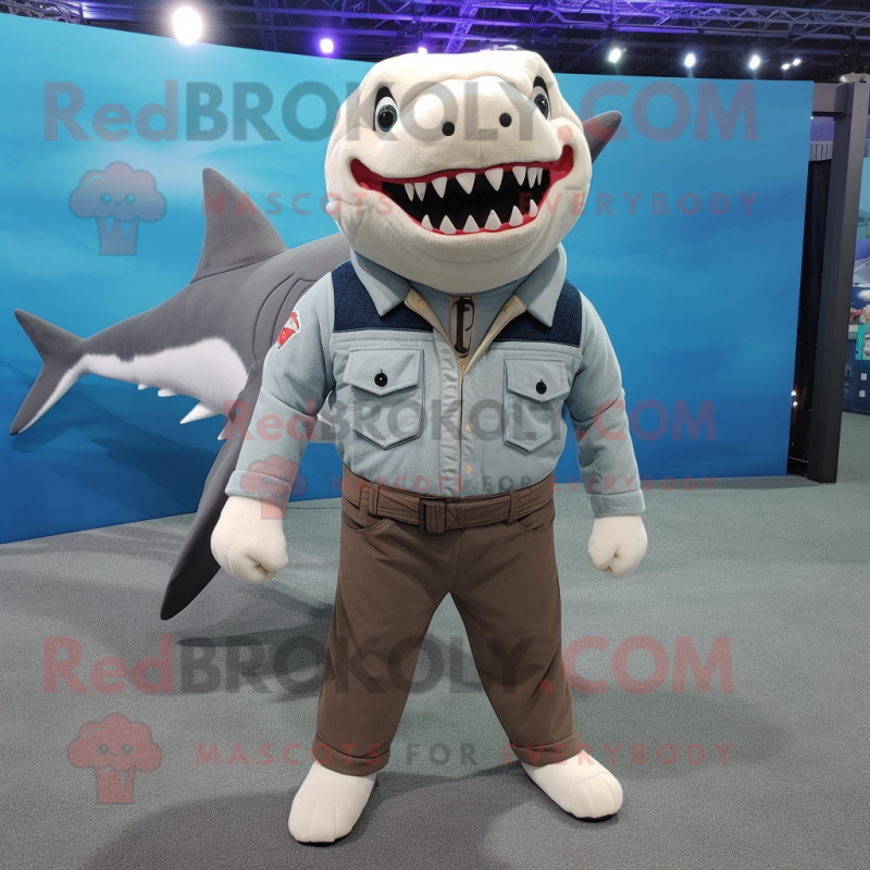 White Shark mascot costume character dressed with a Corduroy Pants and Necklaces