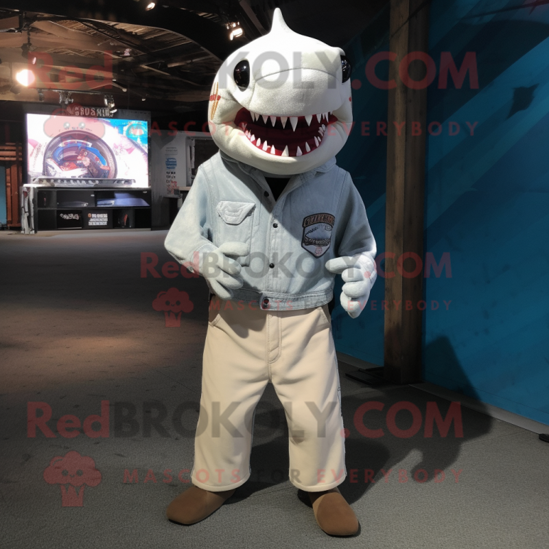 White Shark mascot costume character dressed with a Corduroy Pants and Necklaces