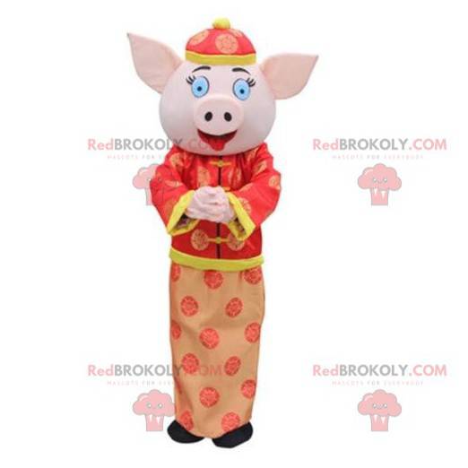 Mascote porco asiático, fantasia asiática, fantasia de porca -