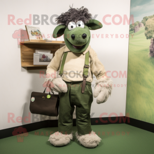 Olive Suffolk Sheep mascot costume character dressed with a Henley Tee and Pocket squares