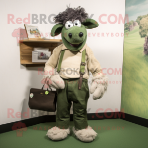 Olive Suffolk Sheep mascot costume character dressed with a Henley Tee and Pocket squares