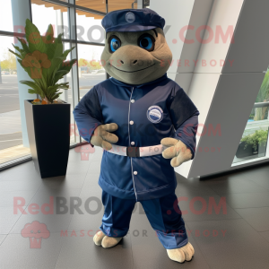 Navy Turtle mascot costume character dressed with a Jacket and Gloves