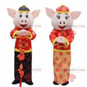 2 asiatiska grisar, kinesisk skyltmaskot, kinesiskt nyår -